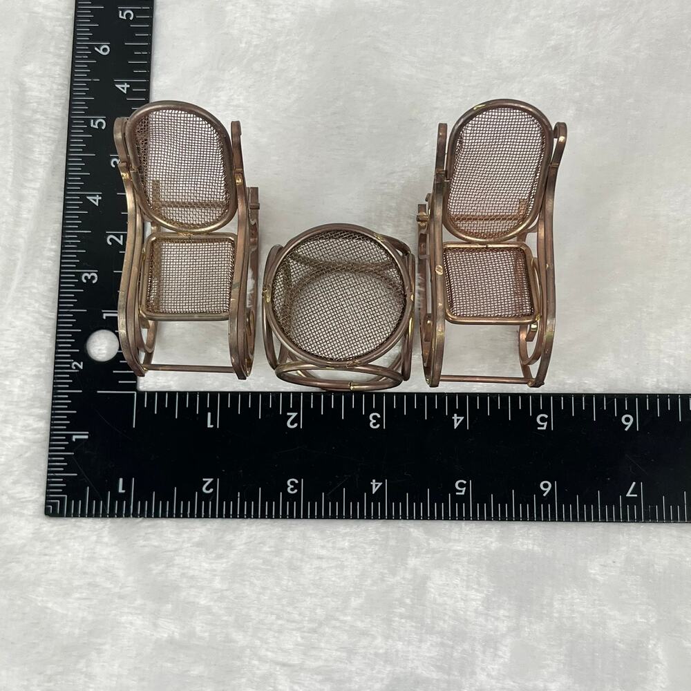 Vintage Brass Miniature Dollhouse Rocking Chairs & Table Set Woven Seat 1:12 - Picture 7 of 11